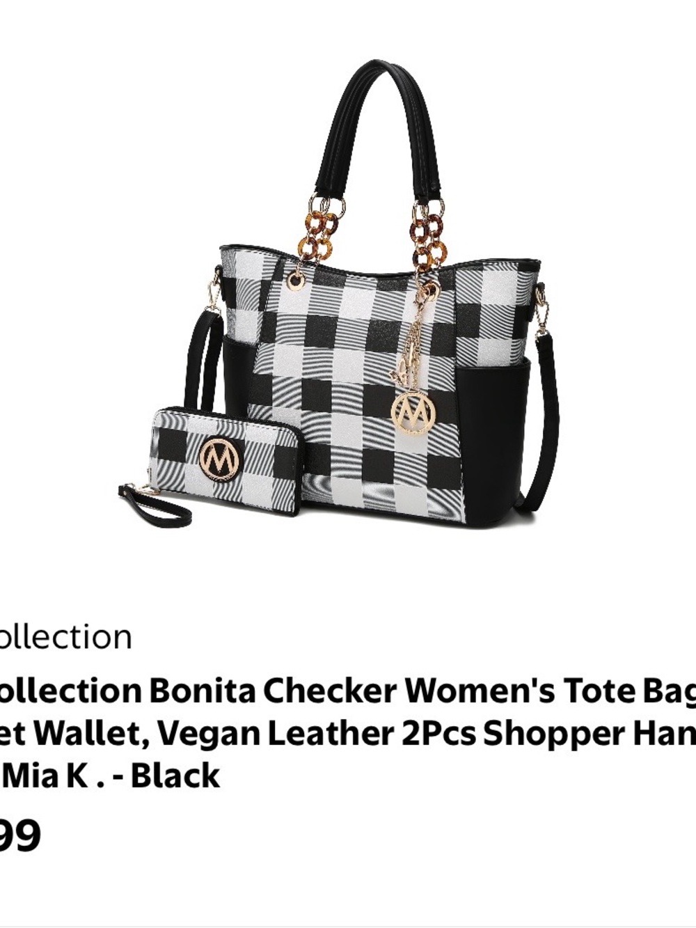 MKF Collection Checkerboard Tote Bag with Wallet - Black & White - Picture 2 of 11